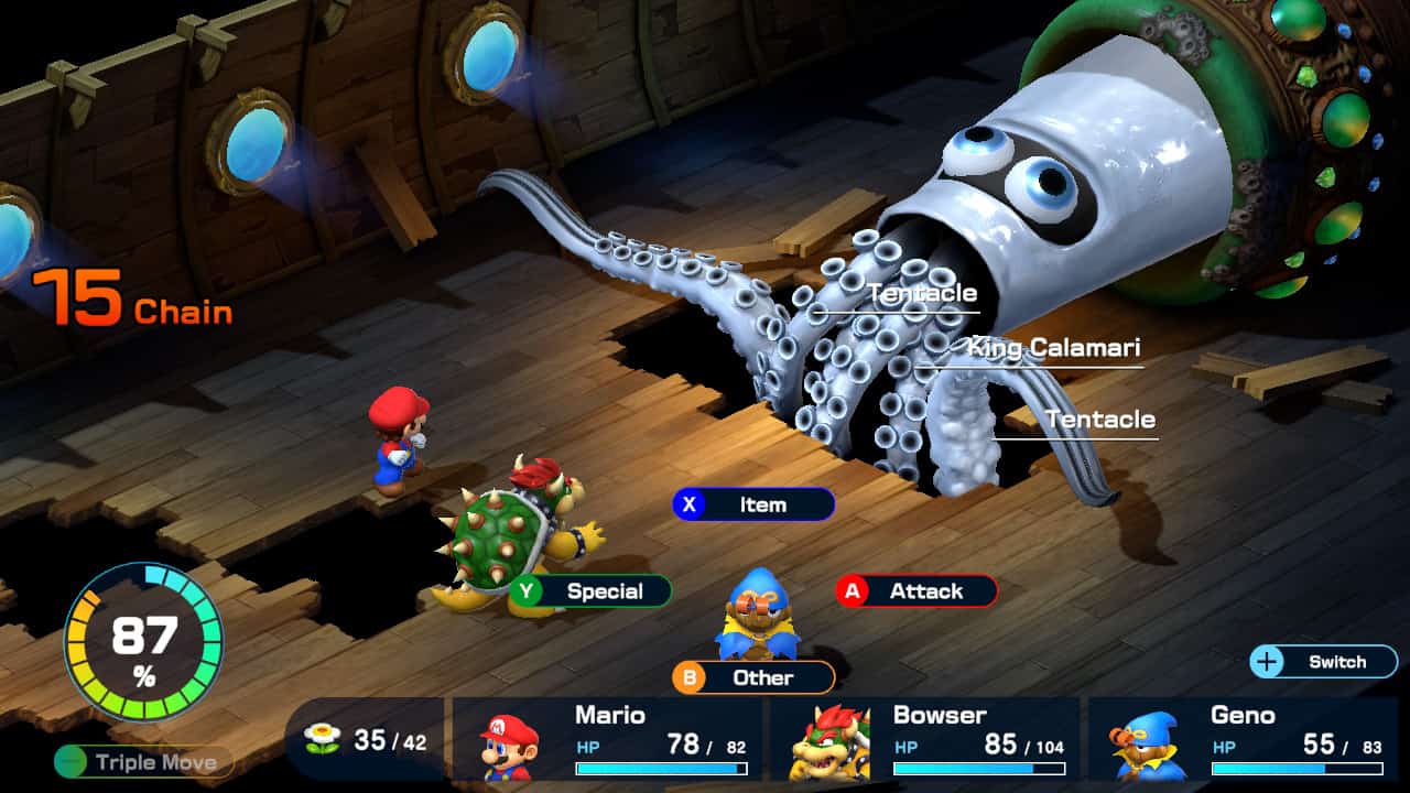 Super Mario RPG tips and tricks: Mario, Bowser, and Geno fighting King Calamari.
