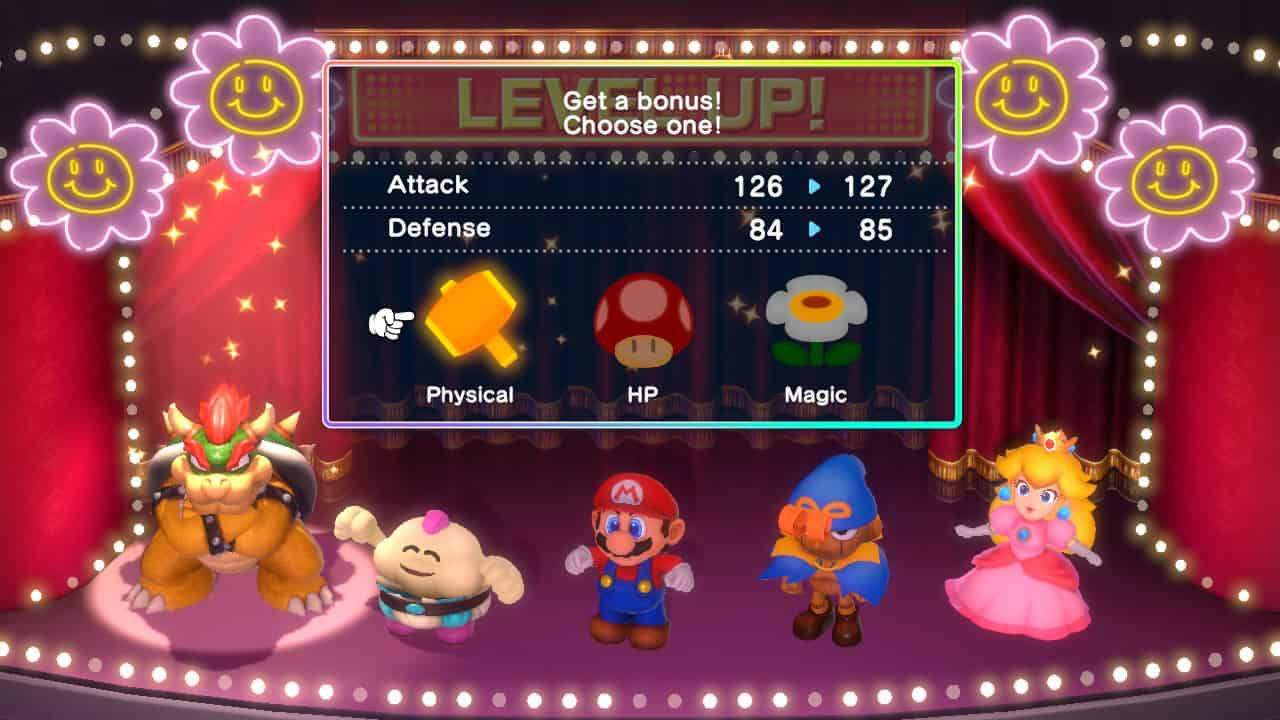 Super Mario RPG tips and tricks: Upgrading Bowser's Physical stat after levelling up.