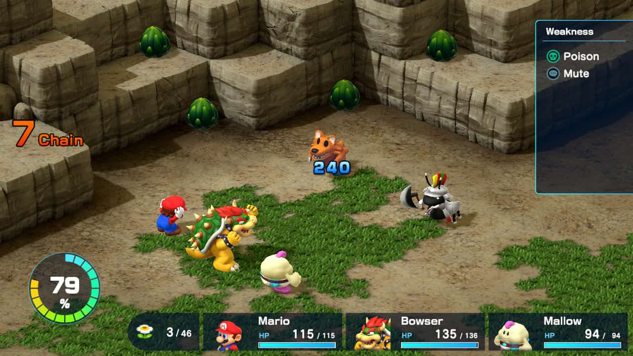Super Mario RPG tips and tricks: Using Thought Peek to find an enemy's weakness.
