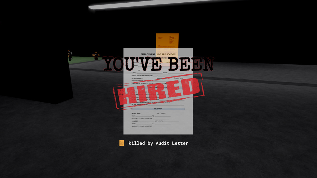 Image of the death screen in Survive the Job Application on Roblox, showing an Audit paper with the text "You've been hired".
