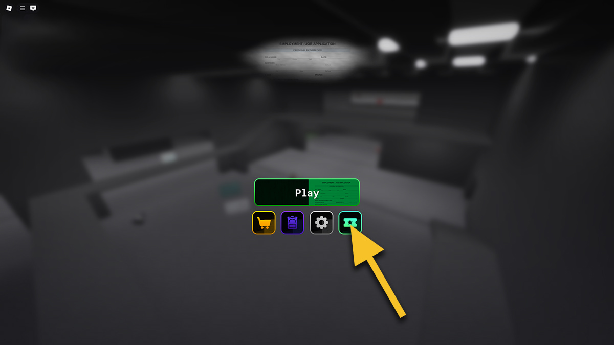 Image of the main menu in Survive the Job Application on Roblox, with an arrow pointing at the green coupon icon.