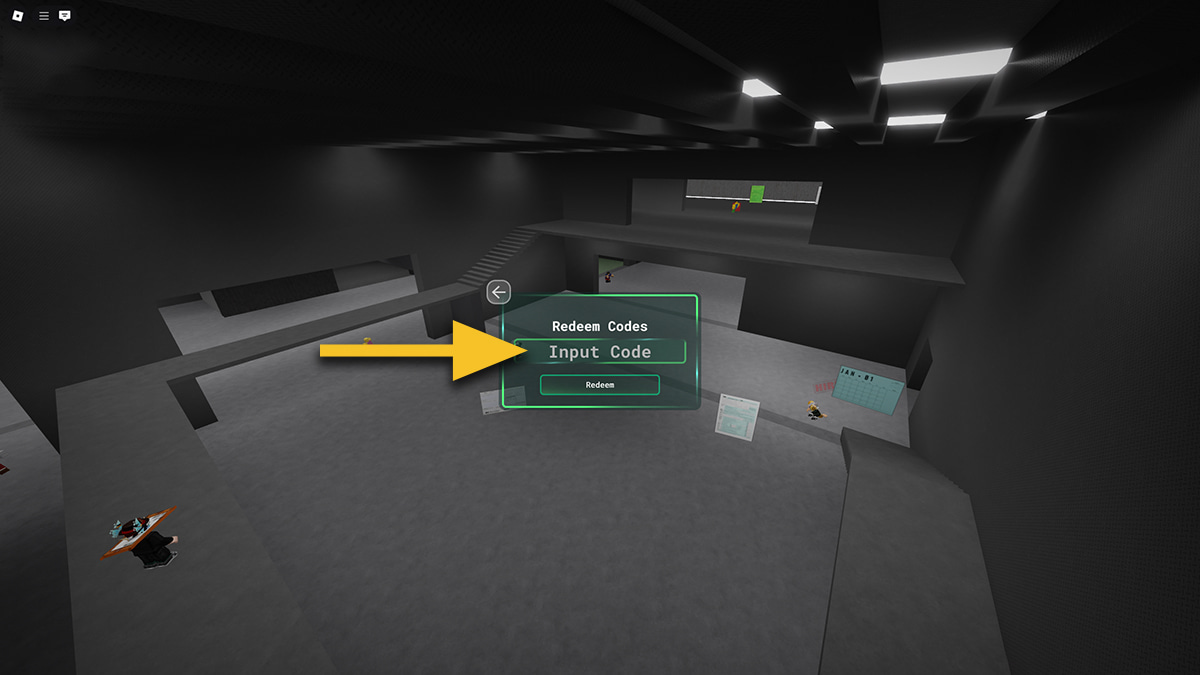 Image of the code redemption screen in Survive the Job Application on Roblox, with an arrow pointing at the text input box.