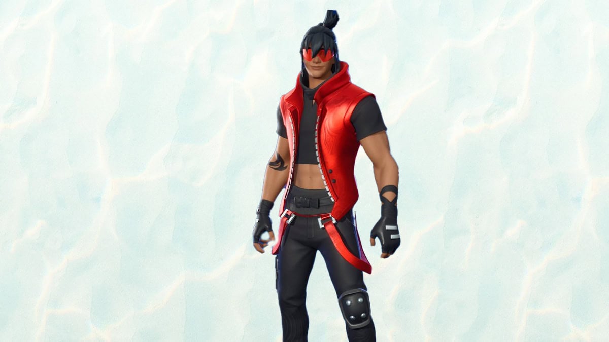A digital character in a red and black superhero outfit, with a mask and feather-like hair decoration, stands confidently in front of a textured white background, ready for the next Fortnite season.
