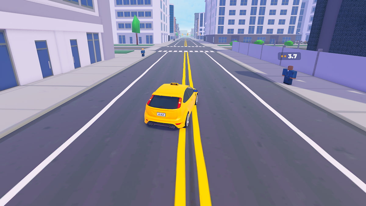 Image of the player driving a yellow taxi cab down a street in Taxi Boss game on Roblox.