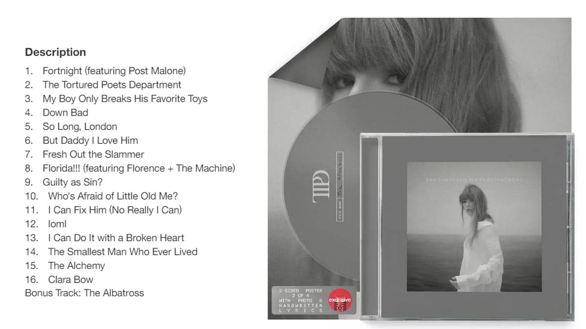 A grayscale image of a woman standing in a misty field, partially obscured by a reflection of the same image on a CD case displaying a Taylor Swift tracklist.