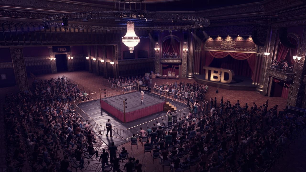 A crowded indoor WWE 2K24 TBD arena. Image captured by VideoGamer.