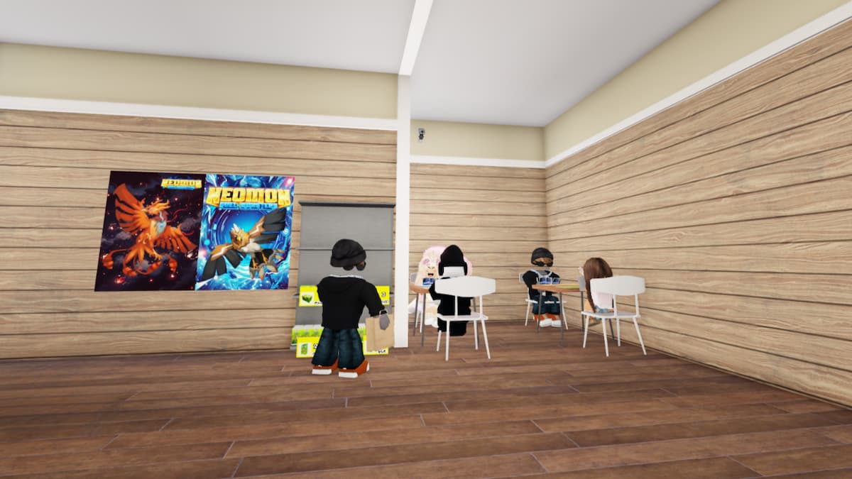 A shop in TCG Card Shop Simulator, with Roblox character playing and browsing.