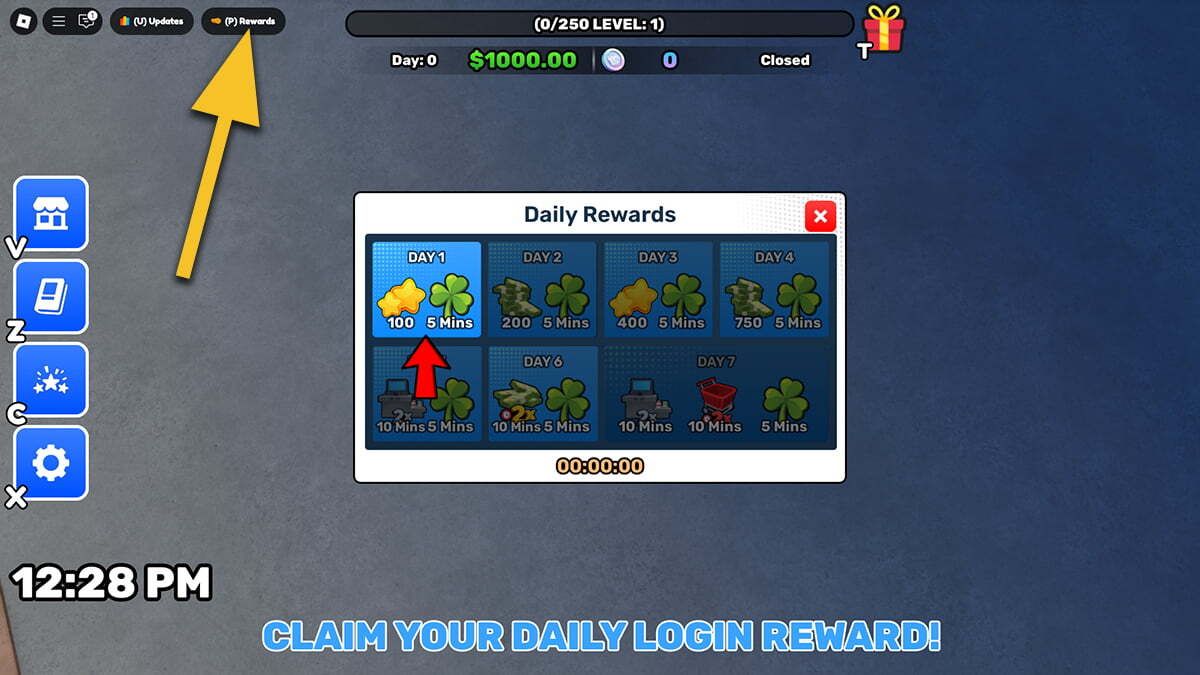 The daily rewards window in TCG Card Shop Simulator, with a yellow arrow pointing to the Rewards button.