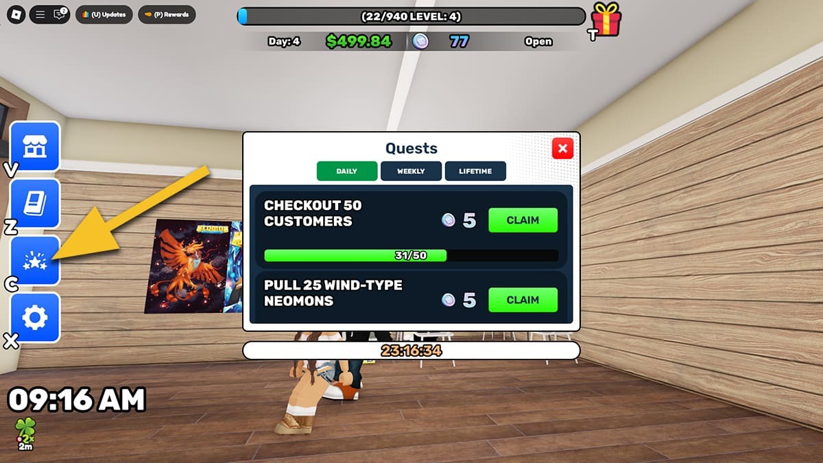 The quests window in TCG Card Shop Simulator, with a yellow arrow pointing to the button with stars on it.