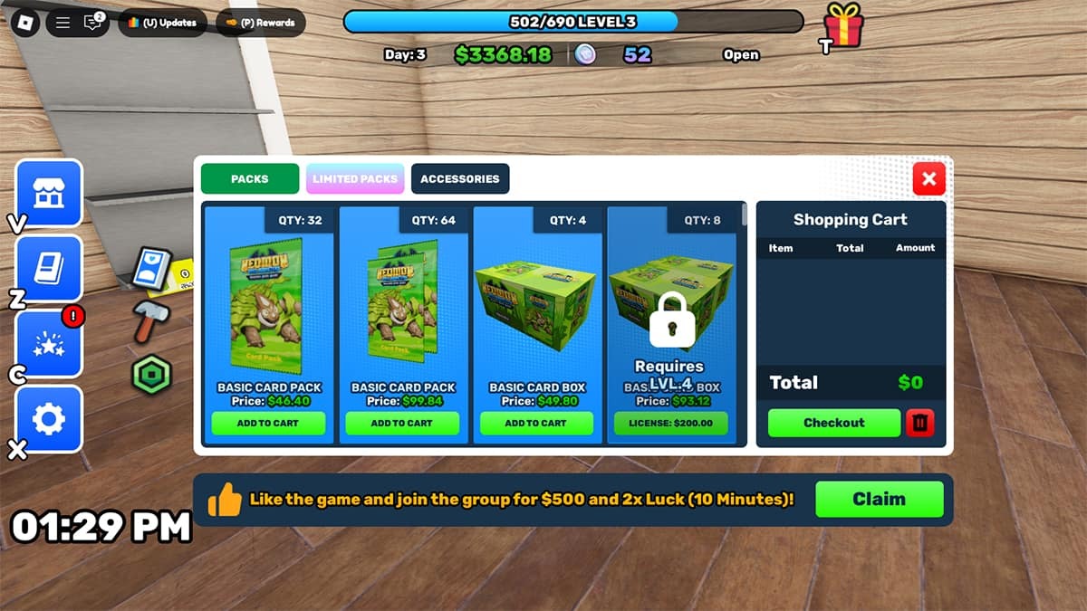 The Shop in TCG Card Shop Simulator, showing various card packs and boxes.