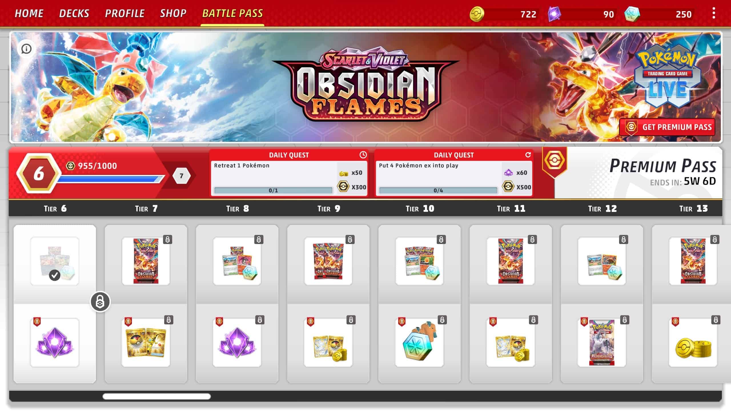 Picture of the Pokemon TGC Live Battle pass screen showing rewards for crystals on the premium battle pass and a quest reward