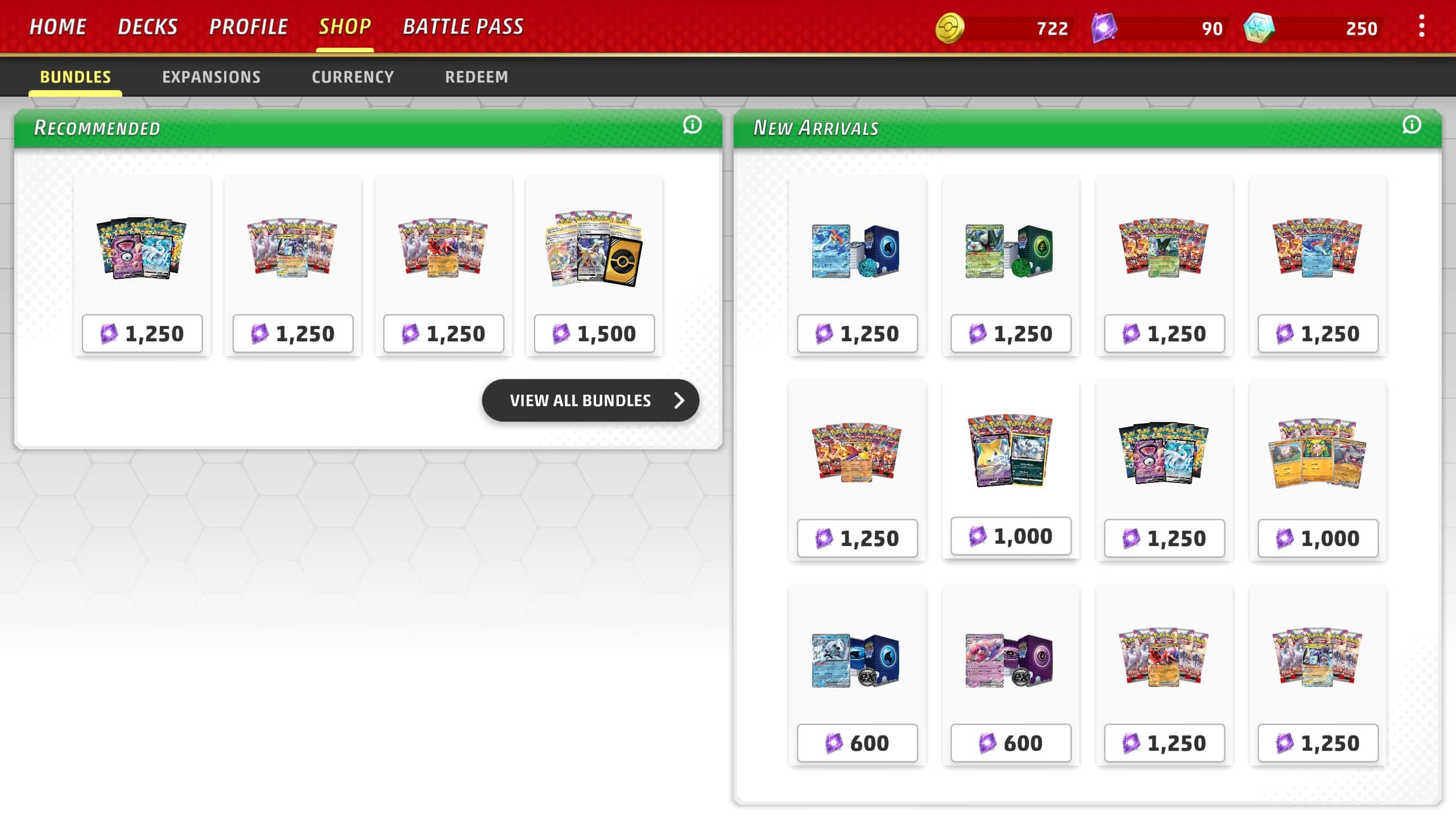 Picture of the bundles section of the shop on Pokemon TCG Live