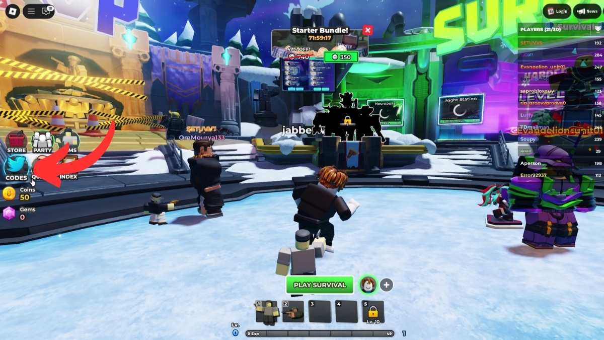 Tower Defense Simulator Codes button in Roblox