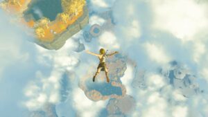 Tears of the Kingdom Archaic Tunic: Link flying through the sky at the start of the game, with clouds and islands beneath him.