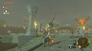 Tears of the Kingdom elemental arrow crafting guide - freezing, homing, fire, and shock: Link holding bow with fire arrow equipped.