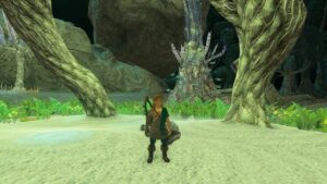 How to leave the Depths in Tears of the Kingdom: Link stood beneath a light root in the Depths.
