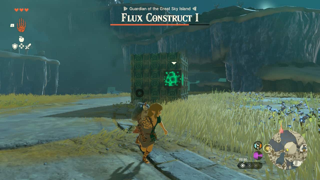 How to beat Flux Construct I in Tears of the Kingdom: Link running away from Flux Construct I. 