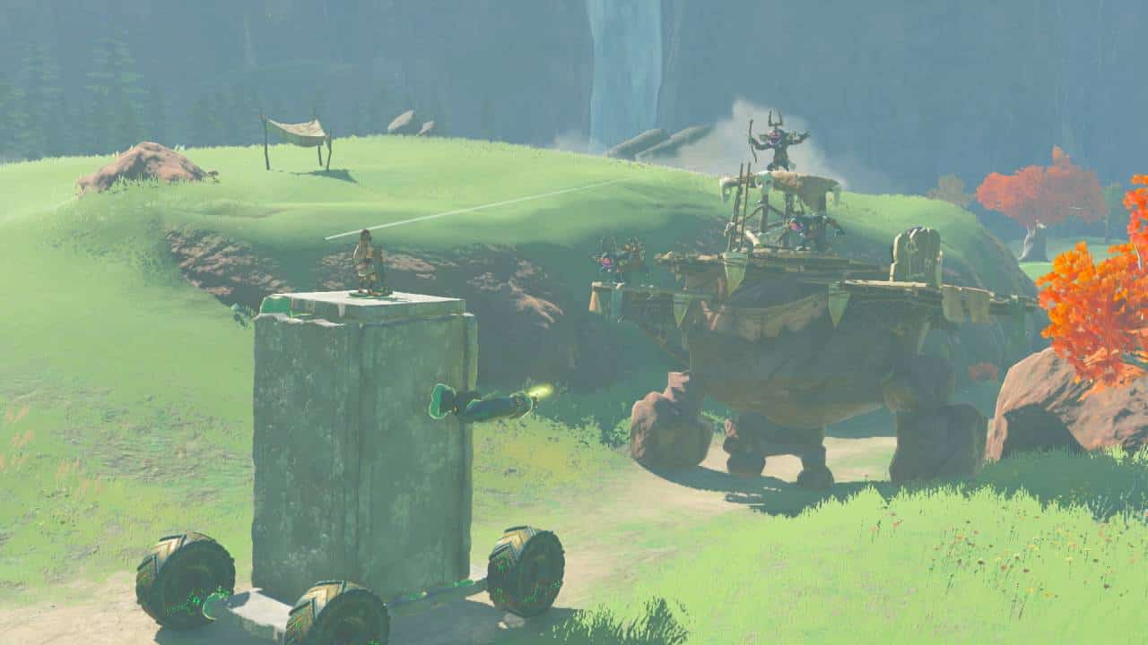 Tears of the Kingdom is Nintendo's Garry's Mod: Link atop a four-wheel stone turret machine.