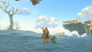 How to unfuse in Tears of the Kingdom: Link stood in the snow shivering with a Rock Shield on his back.