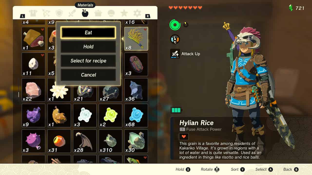 Where to get Hylian Rice in Tears of the Kingdom: Hylian Rice in the inventory. 