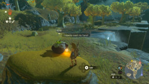 How to help the Korok reach its friend in Tears of the Kingdom: Link talking to a tired Korok on a rock.