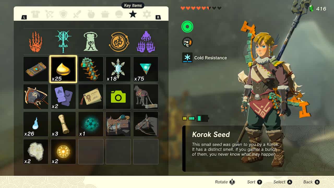 Tears of the Kingdom Korok Seed locations: Korok Seeds in Link's inventory. 