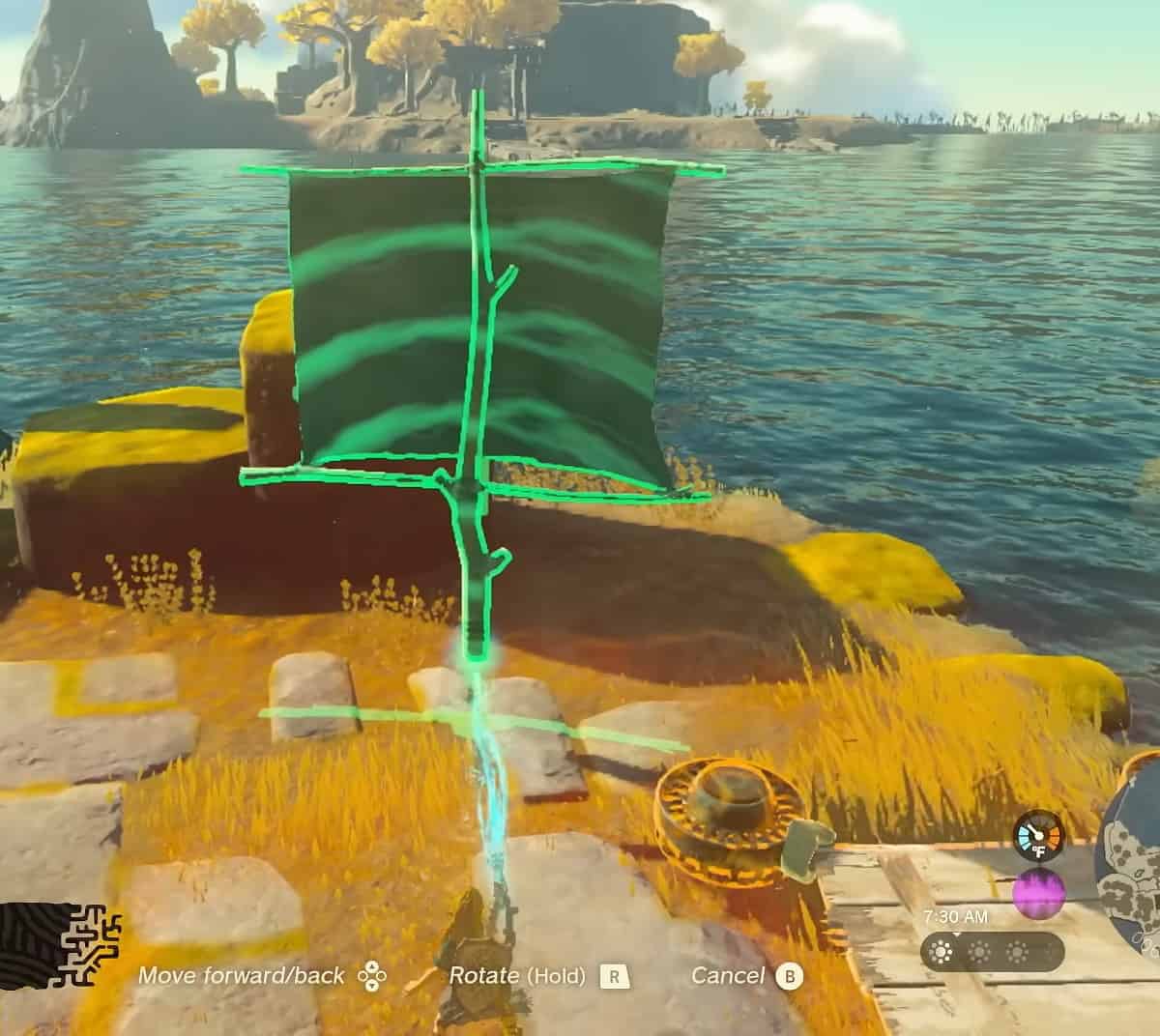 How to make a Tears of the Kingdom raft: Link attaching a sail to a raft. 