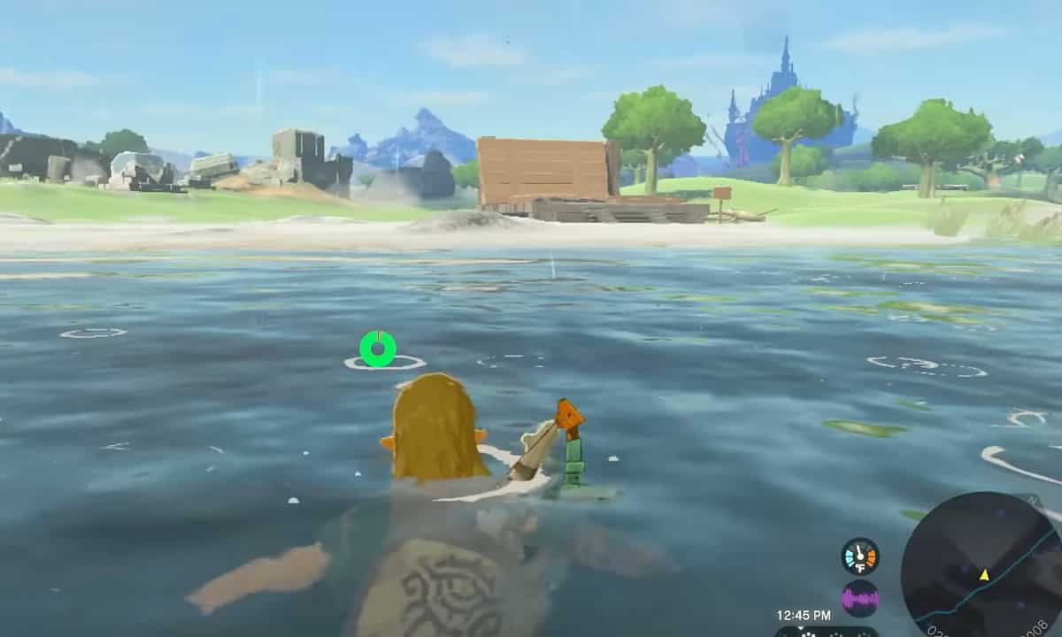 How to fish in Tears of the Kingdom: Link swimming. 