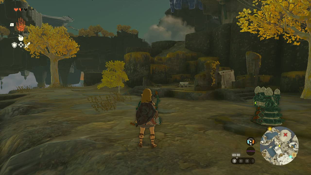 How to get to the third shrine in Tears of the Kingdom: Link stood next to a Construct, looking at the path up the hill.