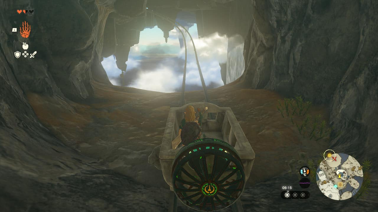 How to get to the third shrine in Tears of the Kingdom: Link in a minecart with a fan on the back.