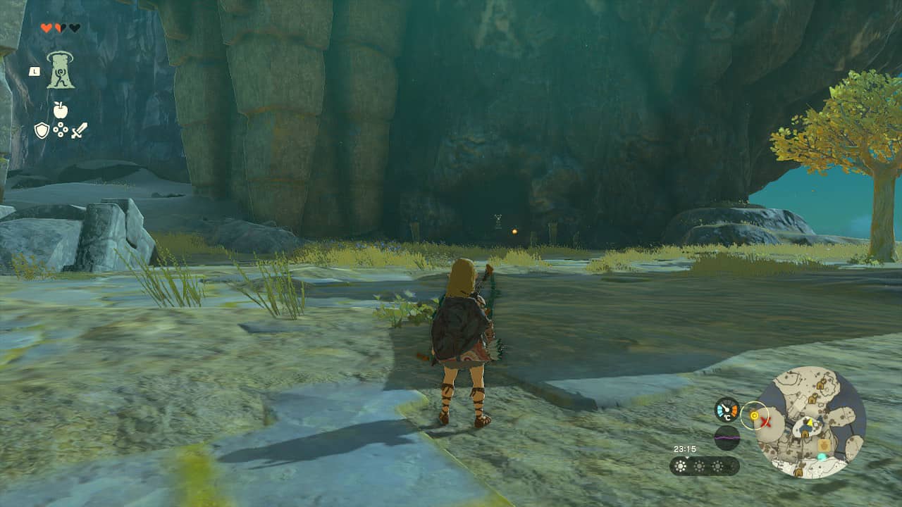How to get to the third shrine in Tears of the Kingdom: Link looking at the entrance of the Pit Cave.