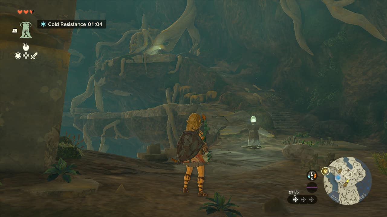 How to get to the third shrine in Tears of the Kingdom: Link stood at the bottom of the Bottomless Cave, with stairs running up to the top.