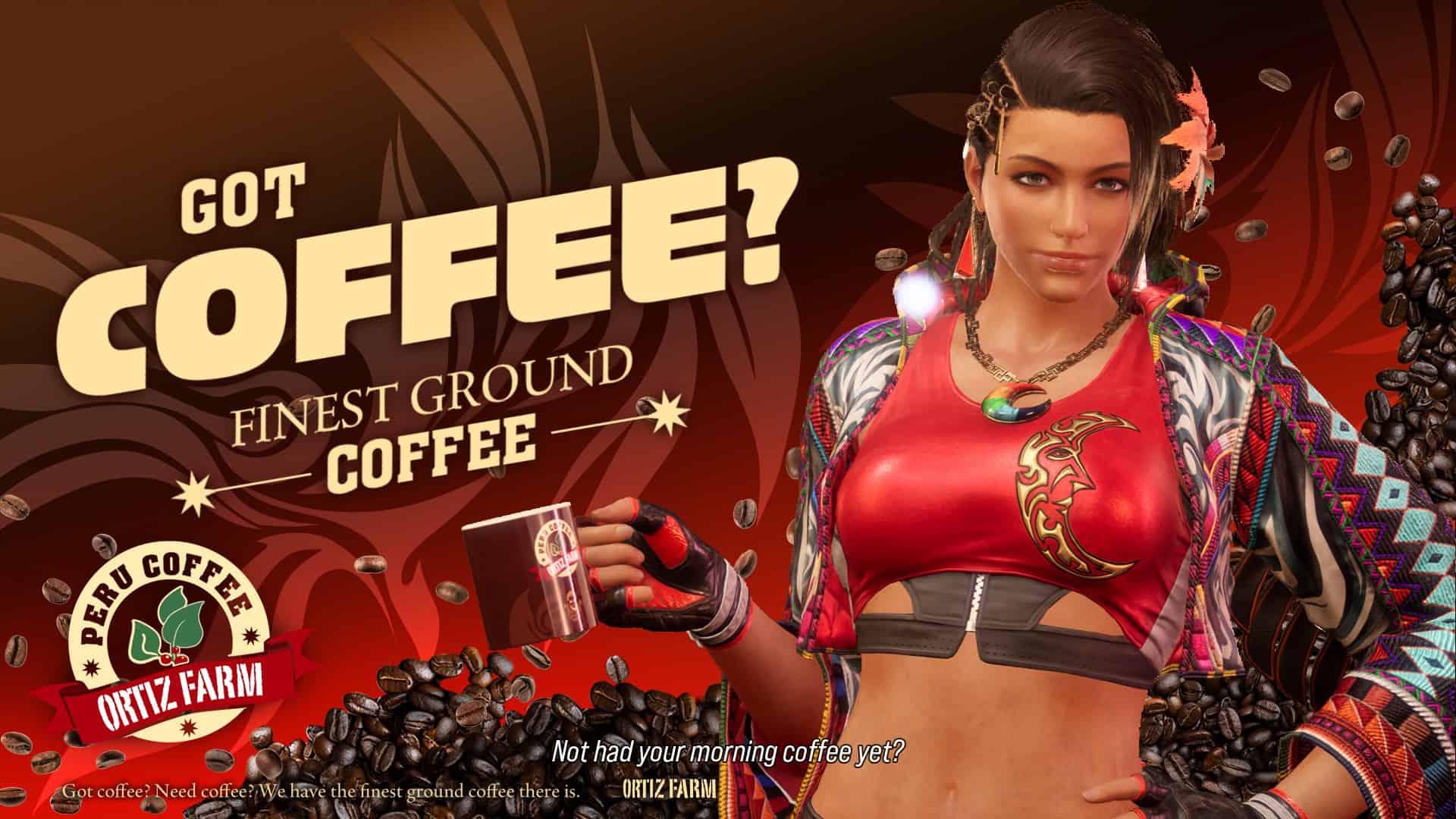 Tekken 8 Azucena: Azucena's Rage Art finisher screen showing her holding a mug with coffee beans in the background