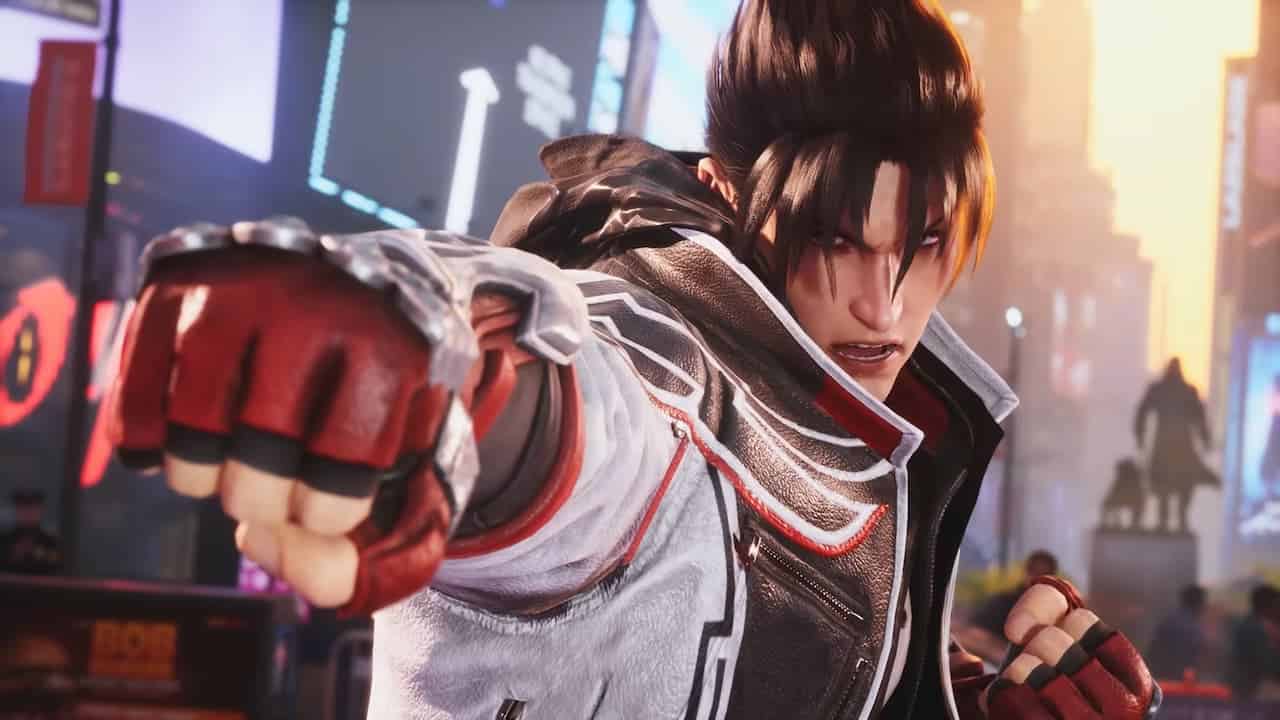 In the Tekken 8 demo, a character defiantly holds a menacing fist in front of a bustling city.