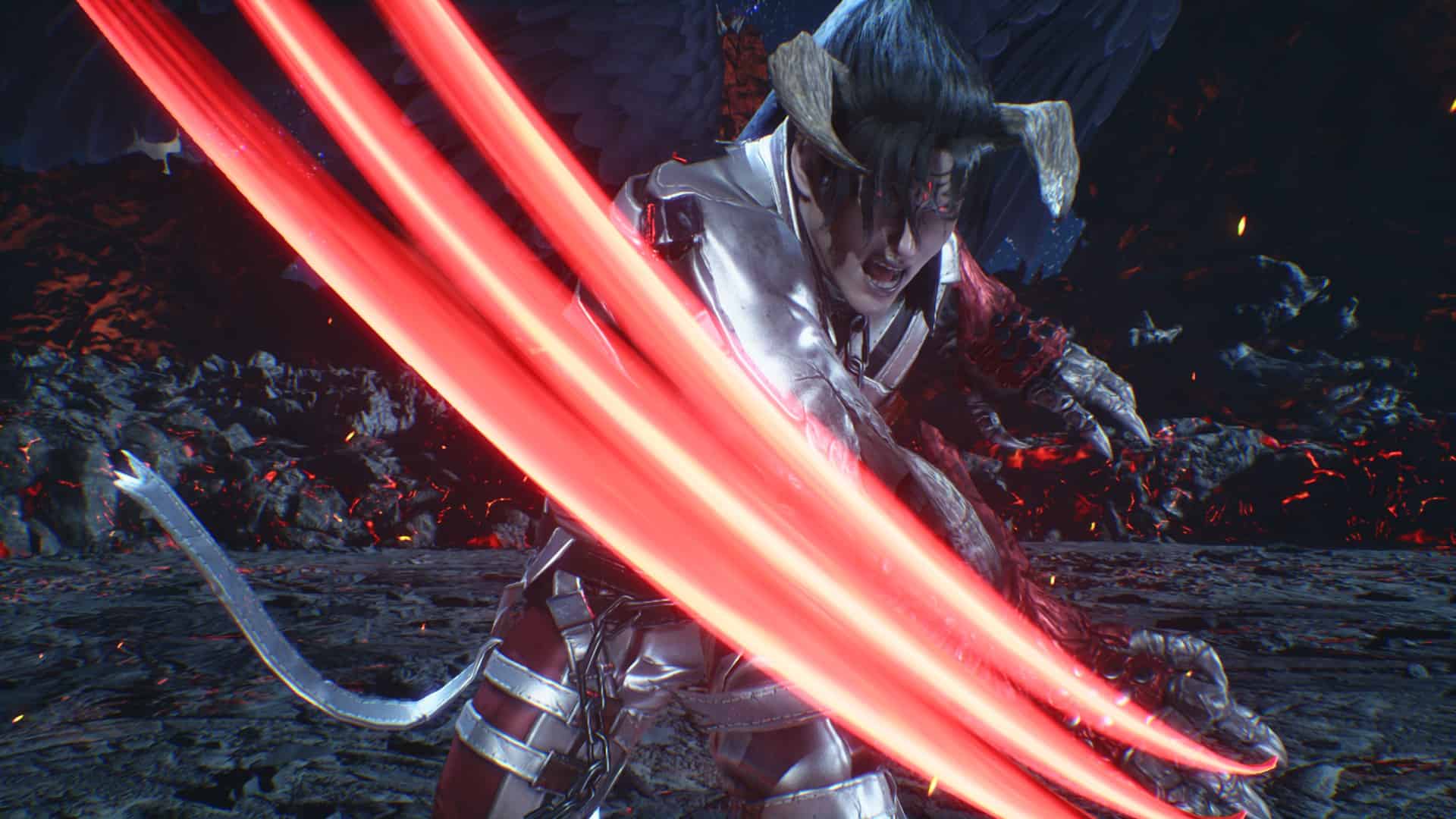 Tekken 8 Devil Jin: Devil Jin slicing at the camera with red streaks across the screen.