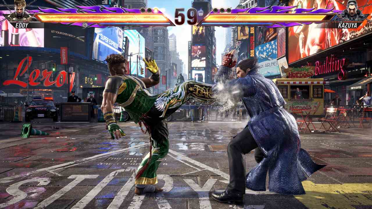 Tekken 8 DLC: Eddy kicking Kazuya on the Urban Square stage.