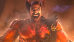 Heihachi laughs, surviving being burned to death