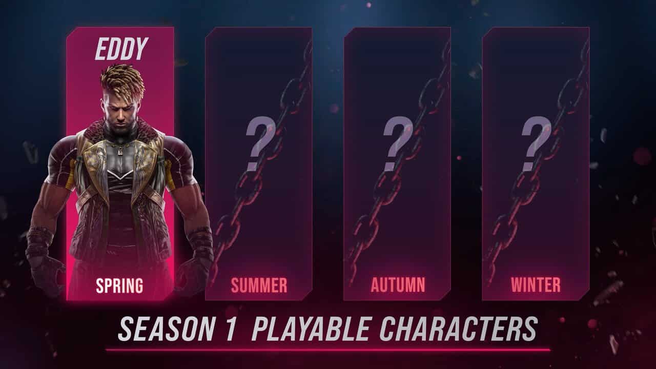 Tekken 8 DLC: A graphic showing Eddy as the first DLC character, with hidden character panels for summer, autumn and winter.
