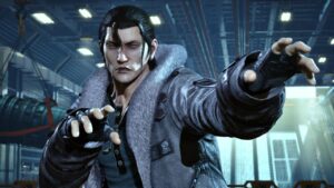 Tekken 8 Dragunov: Dragunov in a fighting stance on the Rebel Hangar stage.