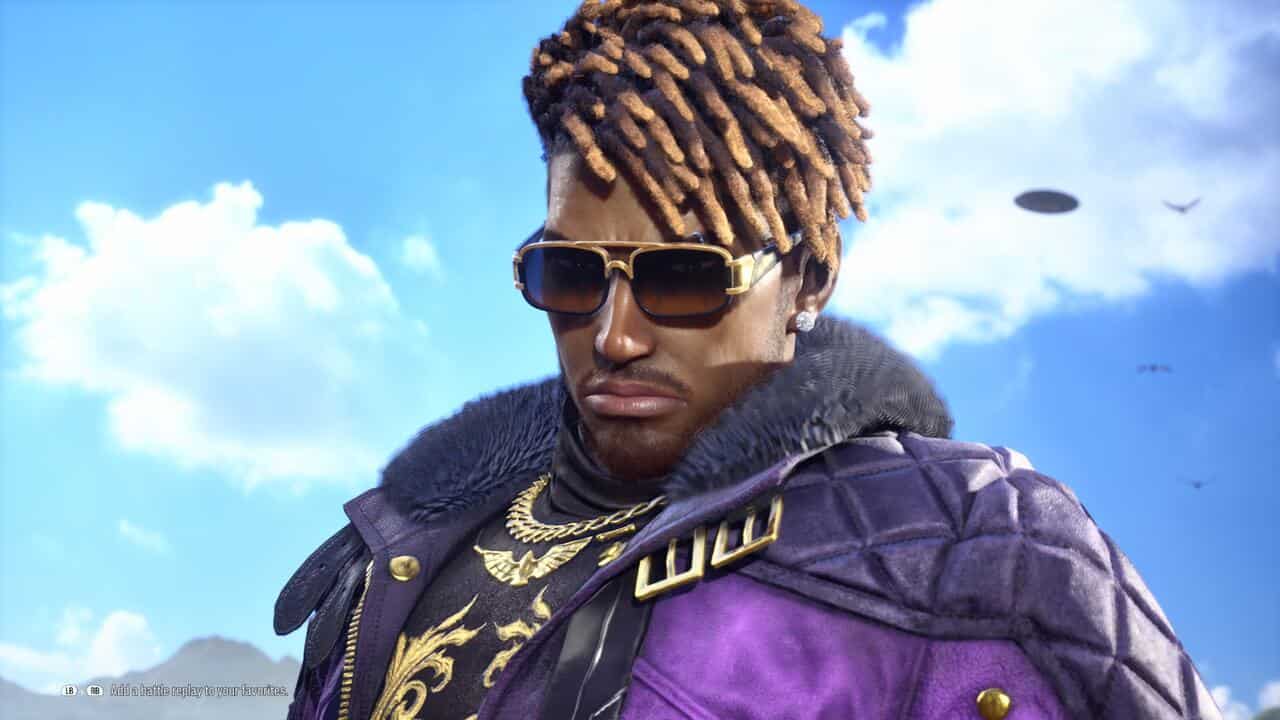 Tekken 8 Eddy: A close-up of Eddy in a purple jacket with clouds in the sky behind him.