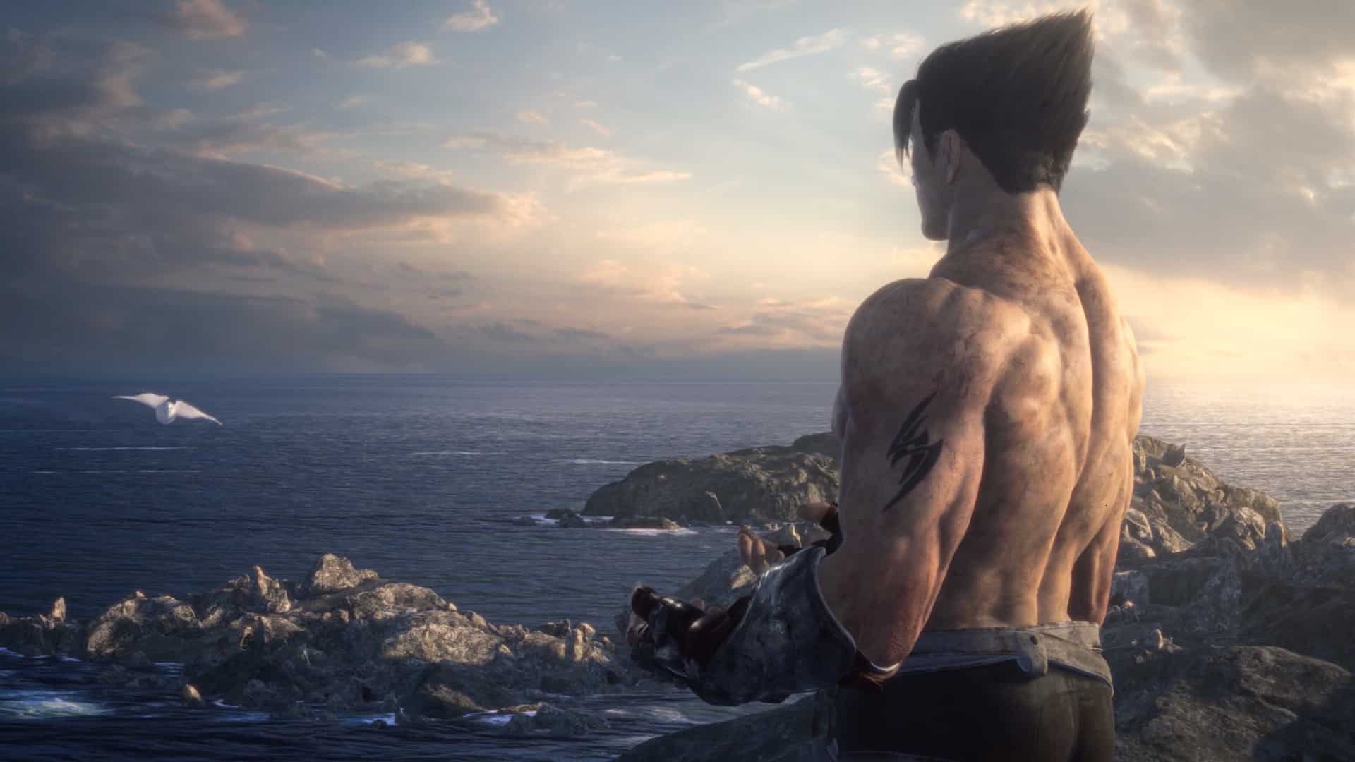 Tekken 8 ending explained: Jin on a cliff overlooking the ocean with a white bird flying towards him