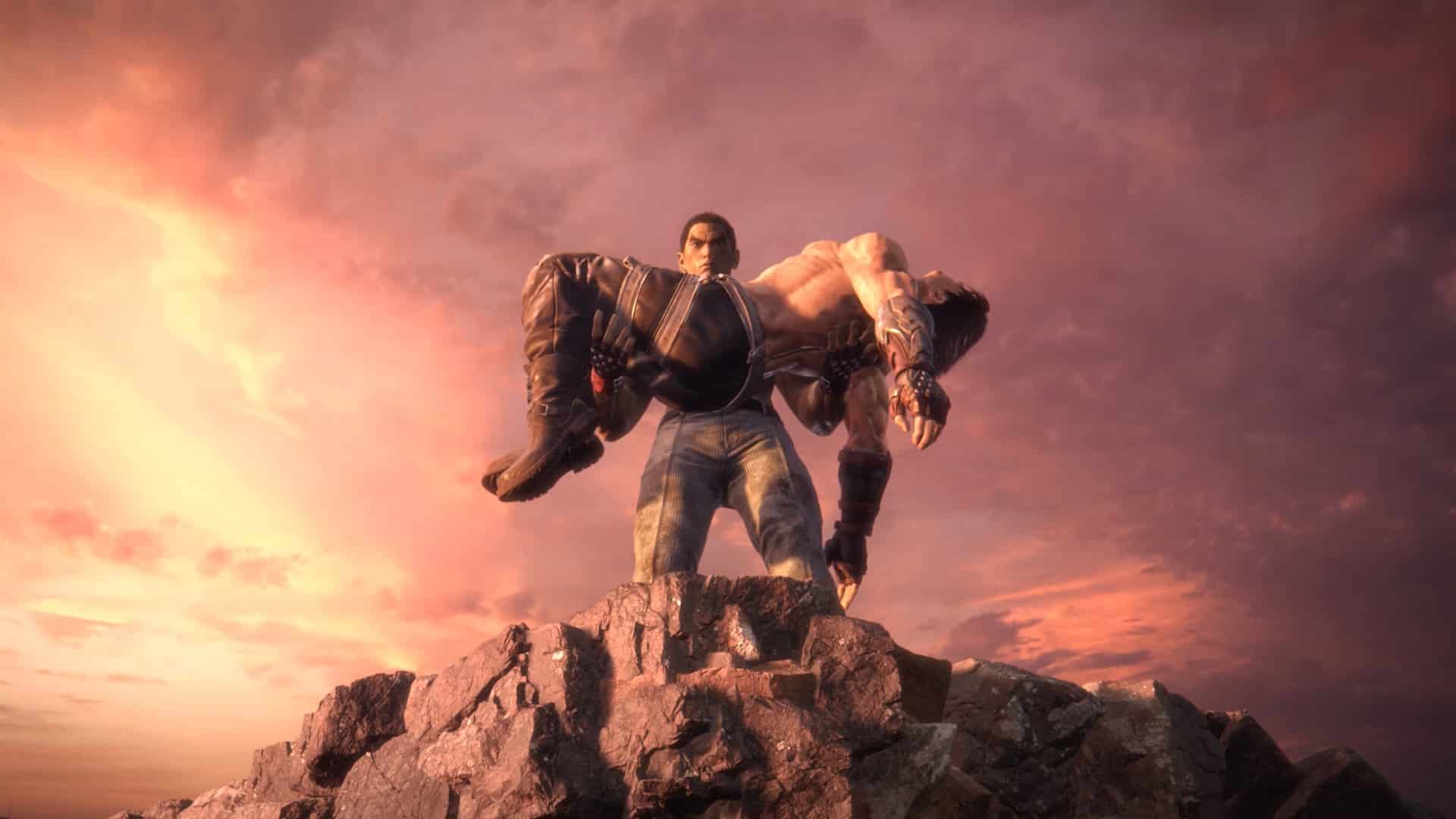 Tekken 8 ending explained: Kazuya preparing to throw Jin's body off a cliff