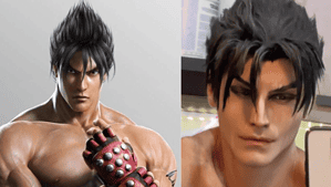 Two images of a man with black hair cosplaying as Jin Kazama from Tekken 8.