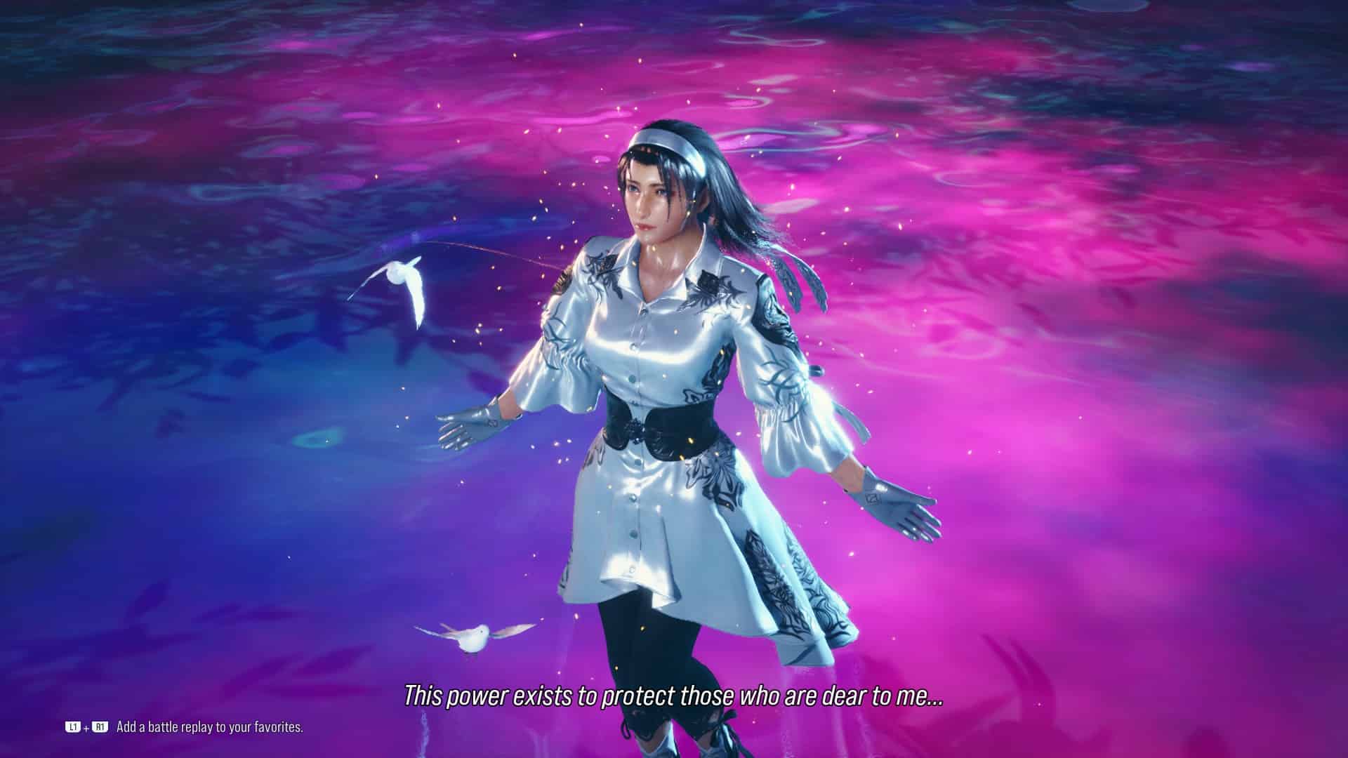 Tekken 8 Jun: Jun standing on blue and purple ground with a white bird flying around her.