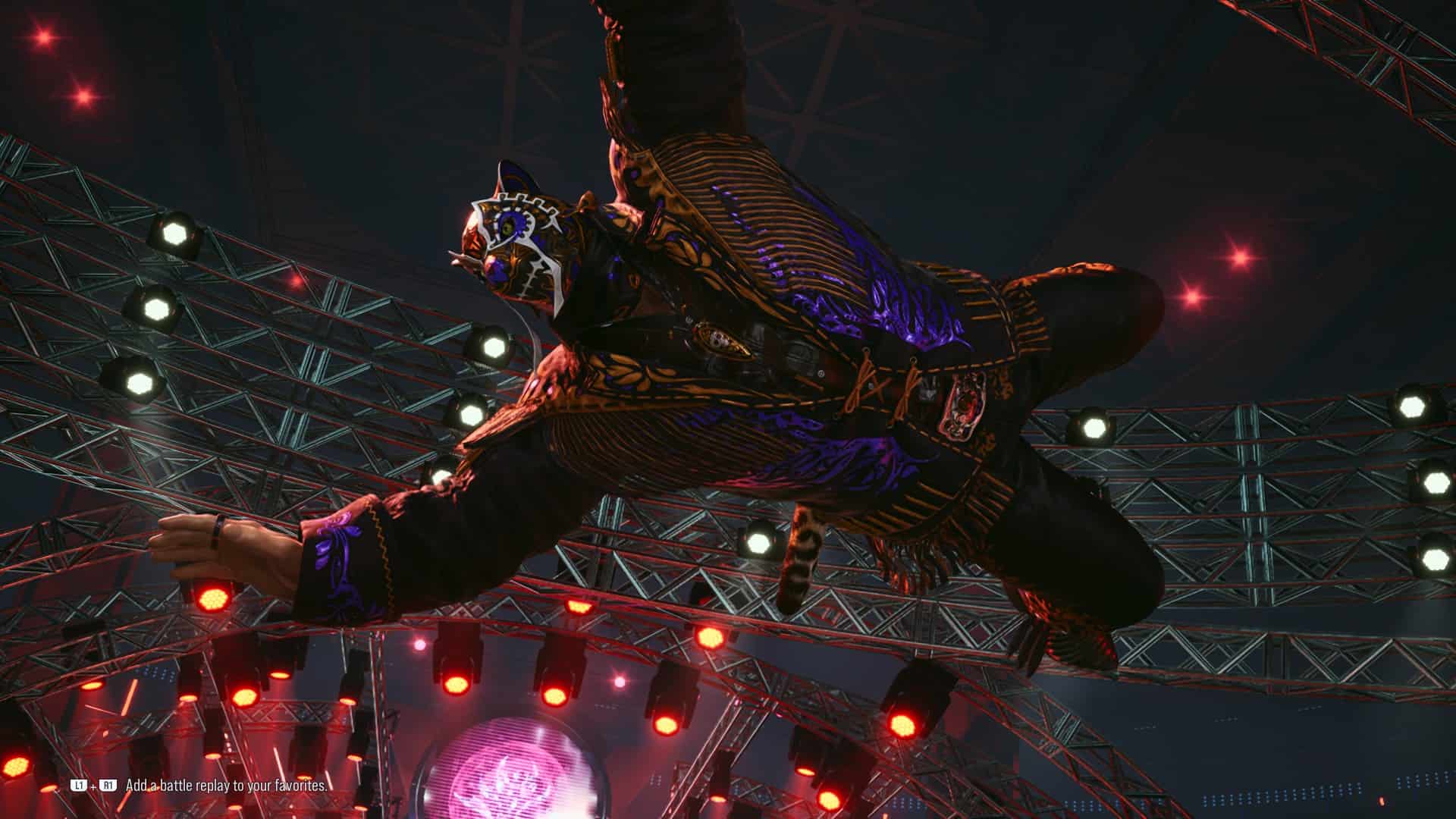 Tekken 8 King: King flying through the air in a wrestling ring.