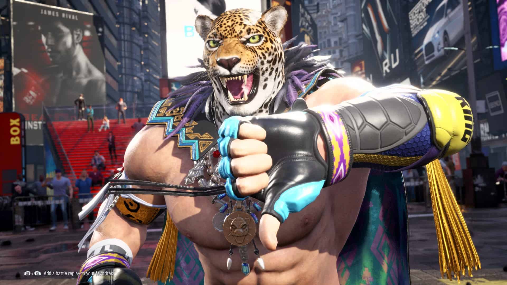Tekken 8 King: King on the Urban Square stage giving a thumbs down to the camera