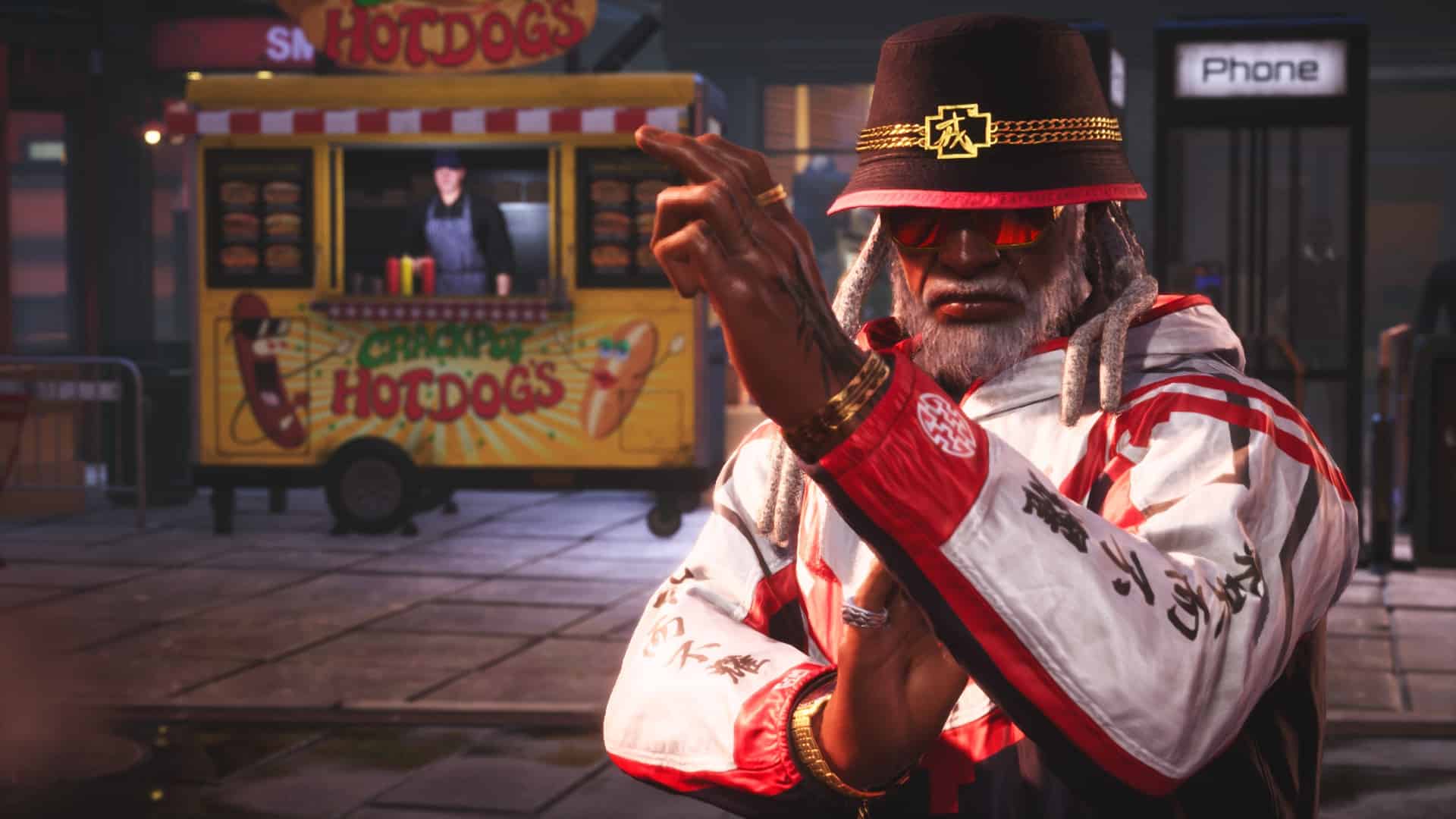 Tekken 8 Leroy: Leroy in a fight stance in front of a hot dog stand.