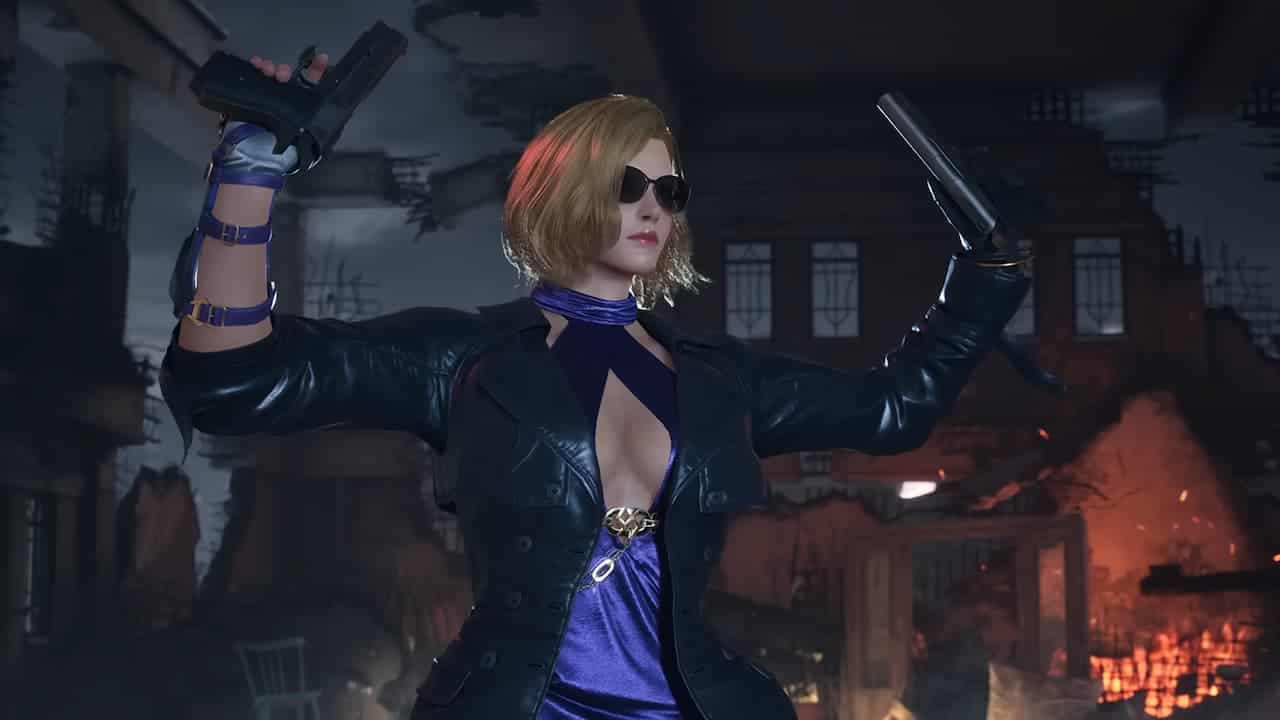 A woman in a purple outfit holding a gun, featured as one of the playable characters in the Tekken 8 Demo.