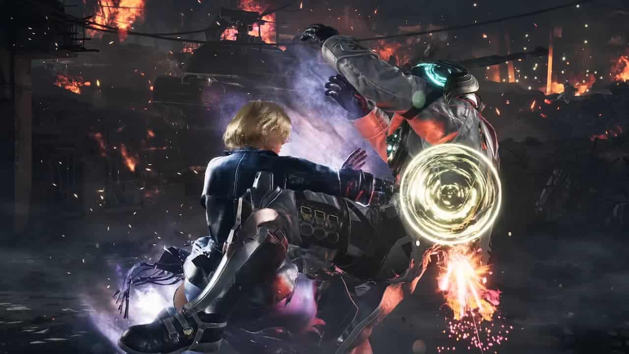 A man and a woman engaged in a fiery Tekken 8 battle, unleashing Nina's best combo.
