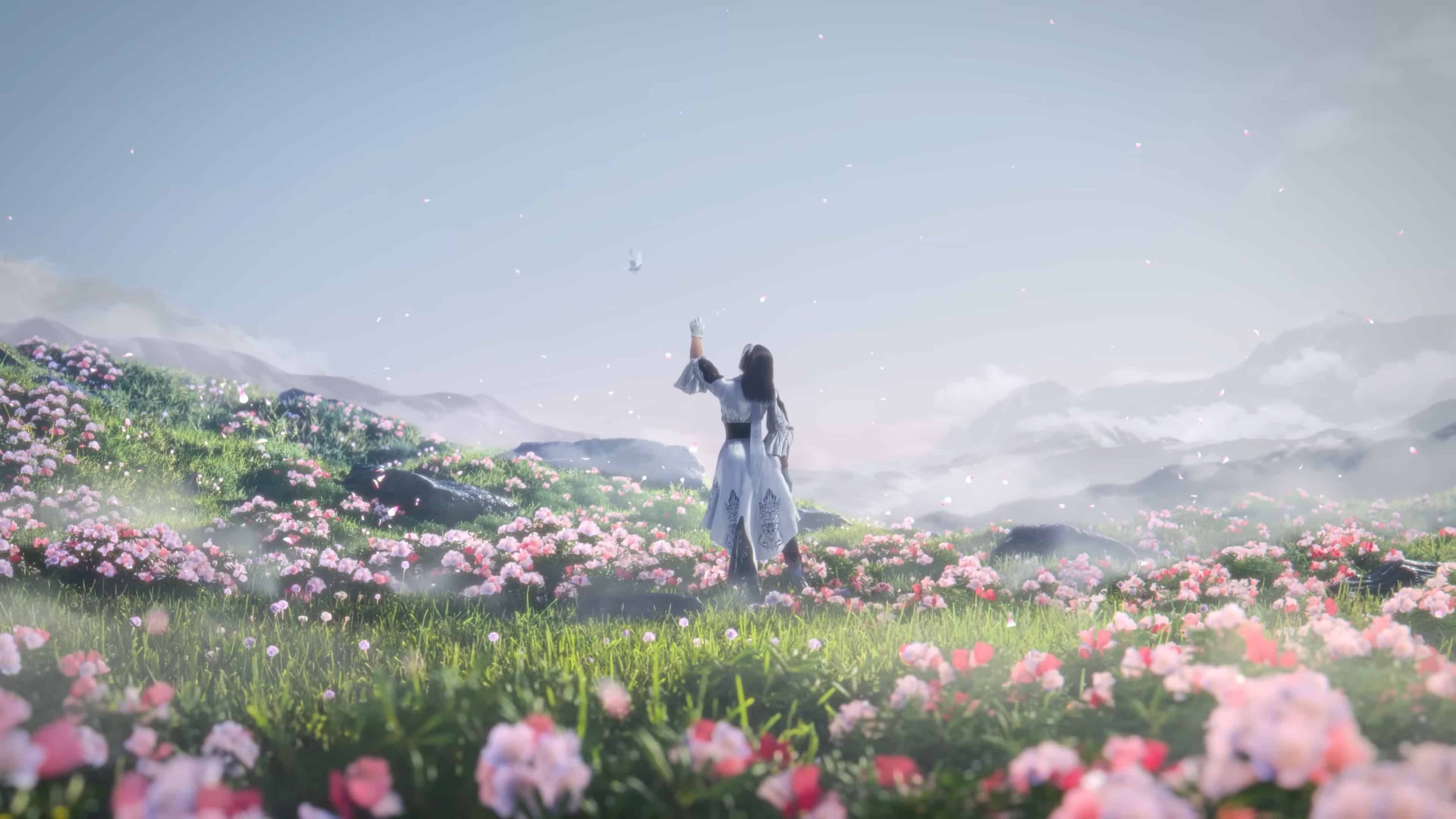 Tekken 8 preload: Jun Kazama standing in a field filled with pink flowers.